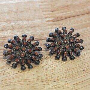 Native American - Petite Red Coral Radiant Sterling Silver Earrings Clip 1" Dia